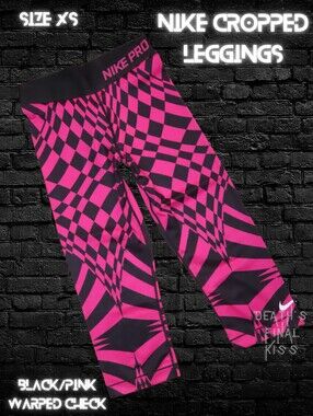 Nike Black Hot Pink Warped Check Cropped Leggings XS Roller Derby